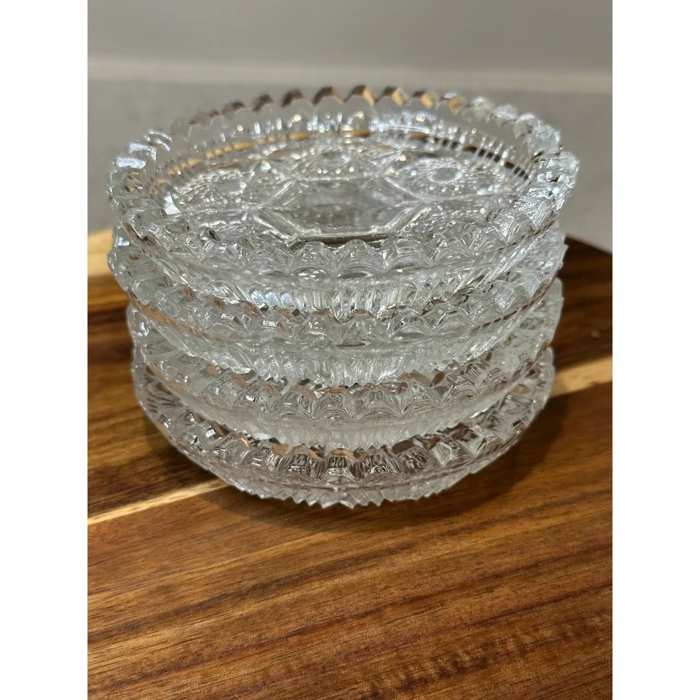 Vintage Italian Crystal Coasters Set of 4 Starburst Geometric with Scalloped Rim